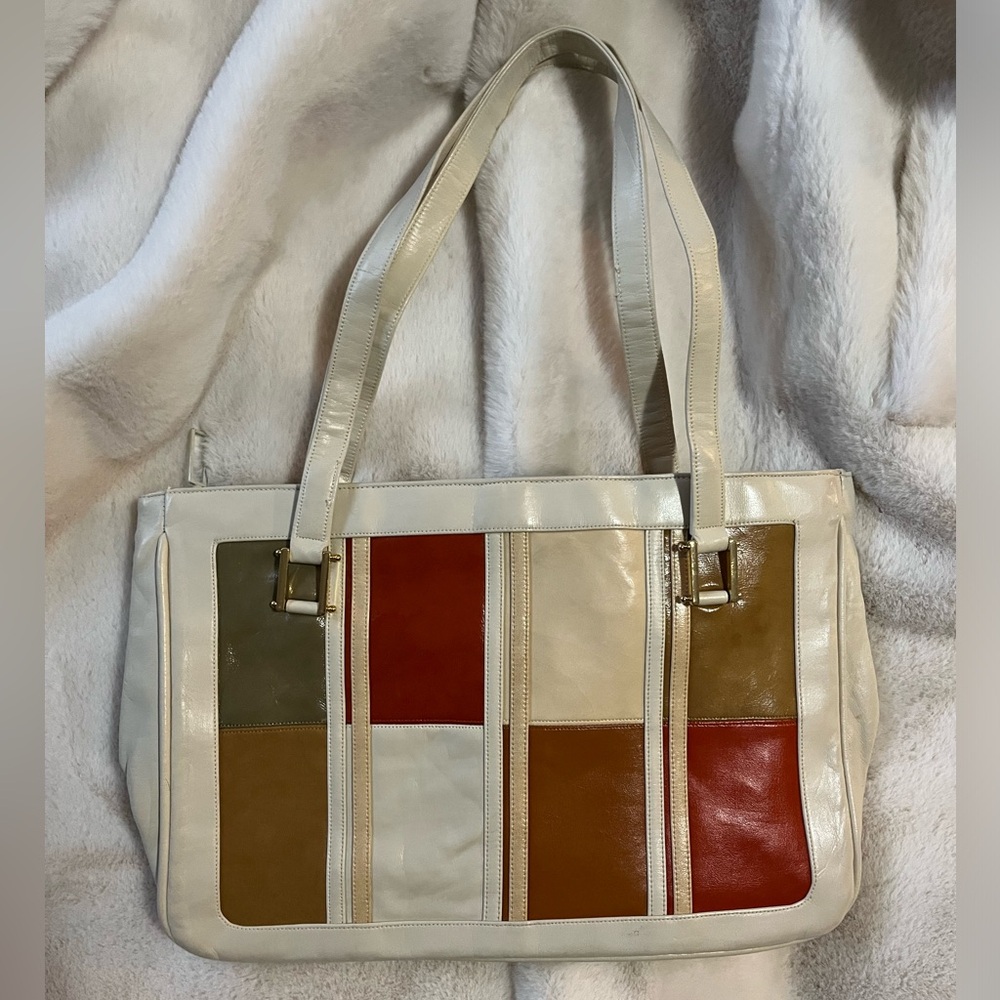 RARE VINTAGE WHITE LEATHER COLOR BLOCK TOTE BAG PURSE HANDBAG MONDRIAN STYLE